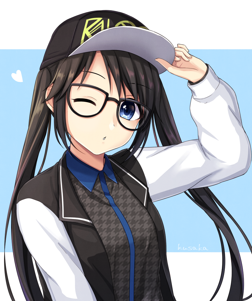 1girl baseball_cap black-framed_eyewear black_hair black_headwear blue_eyes cardigan collared_shirt dress_shirt floating_hair glasses grey_shirt hat idolmaster idolmaster_shiny_colors kusaka24 long_hair long_sleeves looking_at_viewer mitsumine_yuika one_eye_closed open_cardigan open_clothes parted_lips print_shirt shiny shiny_hair shirt solo upper_body very_long_hair wing_collar