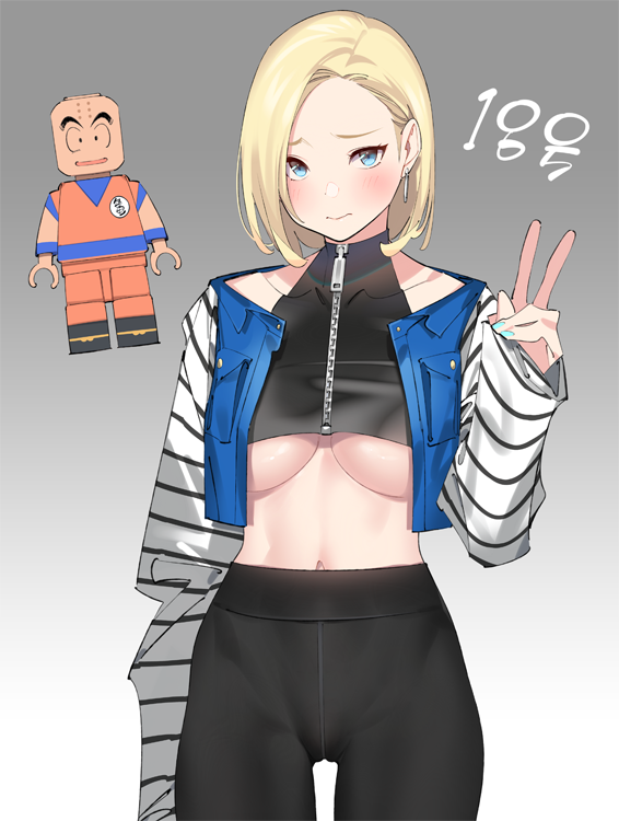 1boy 1girl android_18 aqua_nails black_pants blonde_hair blue_eyes blush breasts closed_mouth collarbone cowboy_shot crop_top cropped_jacket dragon_ball dragon_ball_z earrings gradient gradient_background grey_background hand_up high-waist_pants jacket jewelry kuririn large_breasts lego_minifig long_sleeves looking_at_viewer midriff nail_polish navel open_clothes open_jacket pants pop_kyun short_hair sleeveless standing striped thigh_gap under_boob v white_background zipper zipper_pull_tab