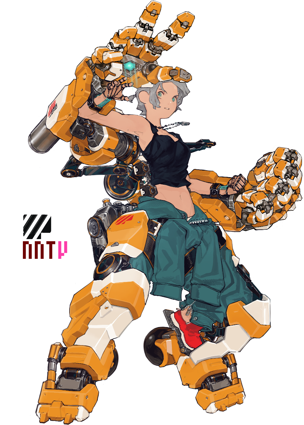 1girl camisole clenched_hand dark_skin dog_tags exoskeleton green_eyes highres jumpsuit_around_waist mecha mechanical_arm mechanical_legs nanora original science_fiction short_hair silver_hair simple_background solo white_background