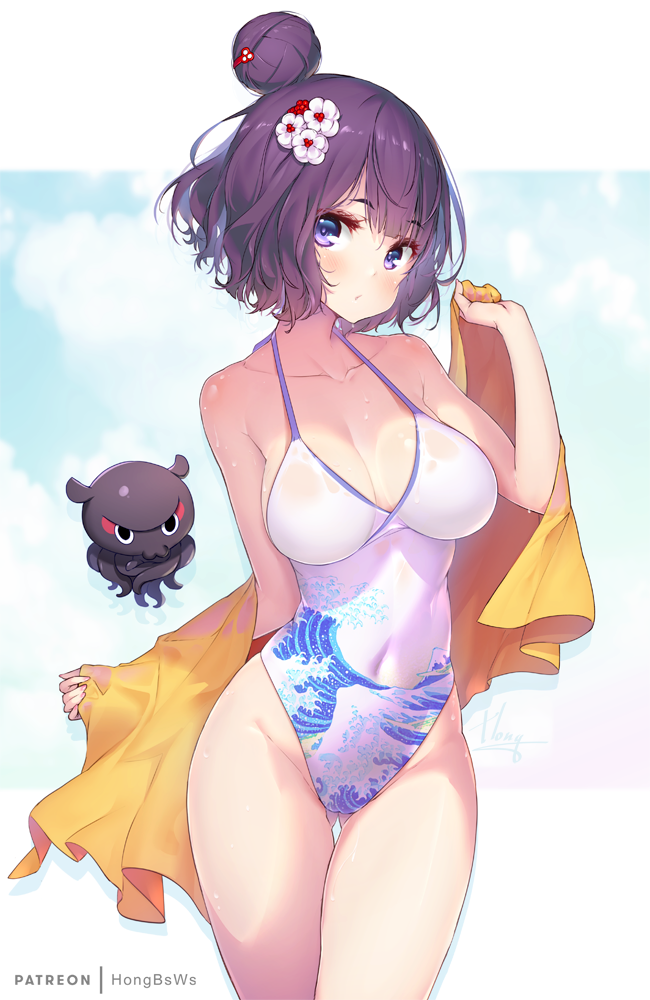 1girl 1other alternate_costume artist_name ass_visible_through_thighs bangs bare_shoulders blue_sky blush breasts casual_one-piece_swimsuit closed_mouth clouds collarbone commentary_request covered_navel cowboy_shot eyebrows_visible_through_hair fate/grand_order fate_(series) flower groin hair_between_eyes hair_bun hair_flower hair_ornament hairpin halterneck highleg highleg_swimsuit holding hong_(white_spider) katsushika_hokusai_(fate/grand_order) large_breasts looking_at_viewer octopus one-piece_swimsuit purple_hair see-through_silhouette short_hair skindentation sky standing swimsuit thighs tokitarou_(fate/grand_order) towel violet_eyes water_drop wave_print wet white_swimsuit