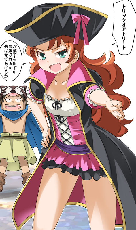 1boy 1girl :d blush breasts cape cross-laced_clothes curly_hair dragon_quest dragon_quest_vii dress gabo green_eyes hat imaichi long_hair looking_at_viewer maribel_(dq7) nipples open_mouth pirate_hat redhead small_breasts smile