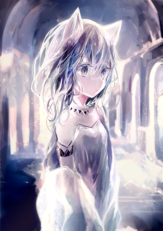 1girl animal_ears bangs cat_ears cat_girl detached_sleeves dress expressionless grey_eyes grey_theme indoors jewelry koneko_mari long_hair necklace original silver_dress silver_hair slit_pupils solo strapless strapless_dress upper_body vaulted_ceiling
