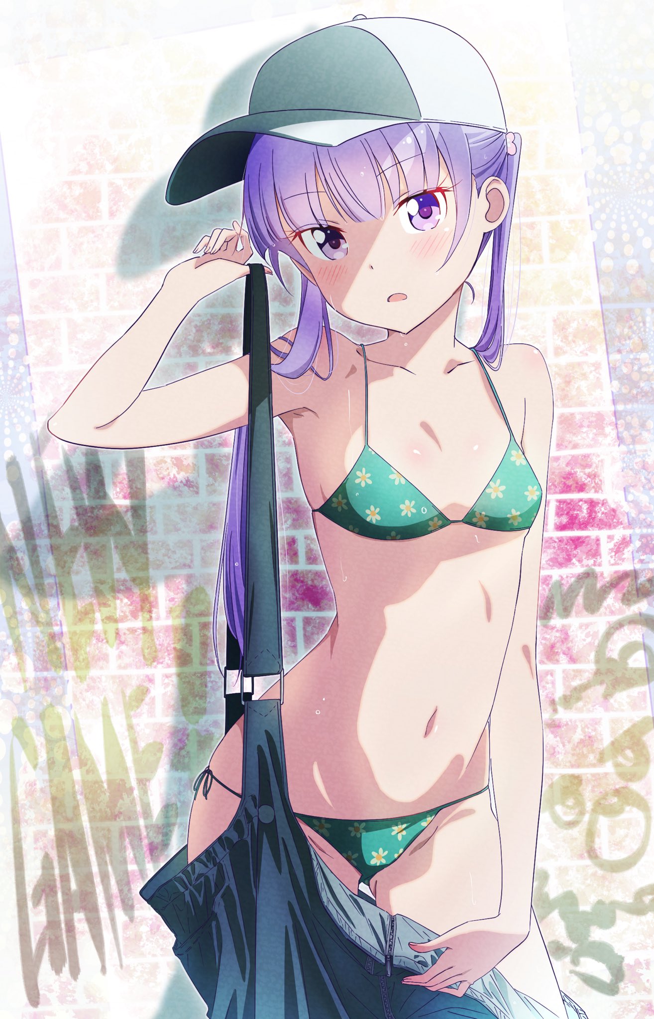 1girl ass_visible_through_thighs bangs bare_shoulders bikini blush breasts collarbone copyright_name cowboy_shot eyebrows_visible_through_hair hat highres lavender_hair long_hair looking_at_viewer navel new_game! open_mouth overalls overalls_removed pink_x side-tie_bikini small_breasts solo soujirou_(new_game!) suzukaze_aoba sweat sweatdrop swimsuit thigh_gap twintails undressing violet_eyes