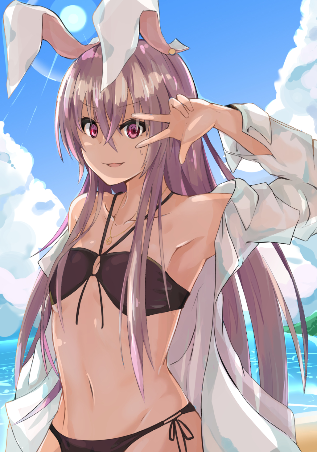 1girl akasabi animal_ears bangs beach bikini black_bikini blue_sky clouds collarbone commentary_request day dress_shirt flat_chest highres long_hair looking_at_viewer open_clothes outdoors purple_hair rabbit_ears red_eyes reisen_udongein_inaba shirt side-tie_bikini sky solo swimsuit touhou upper_body v_over_eye