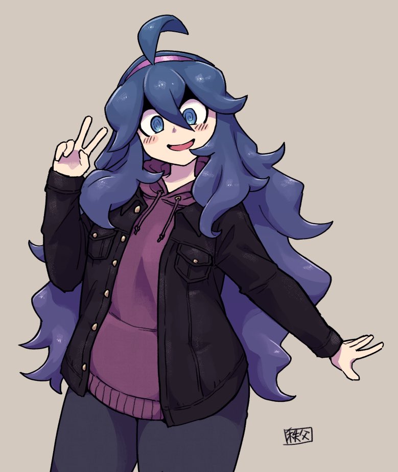 1girl al_bhed_eyes alternate_costume black_jacket blue_eyes blush brown_background chichibu_(chichichibu) cowboy_shot drawstring hair_between_eyes hairband hand_up hex_maniac_(pokemon) hood hoodie jacket long_hair long_sleeves looking_at_viewer messy_hair open_mouth pokemon pokemon_(game) pokemon_xy purple_hairband purple_hoodie simple_background smile solo v