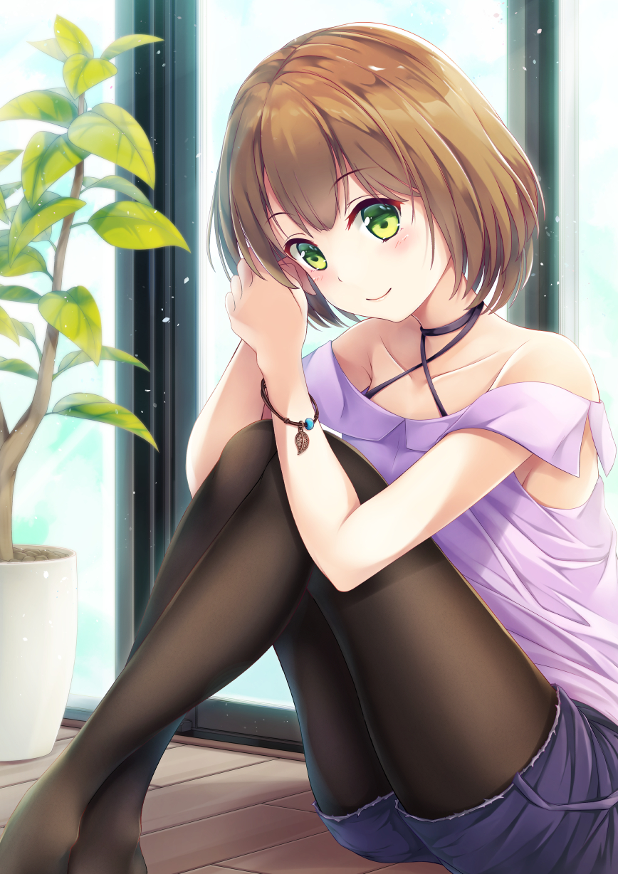 1girl bangs bare_shoulders black_choker black_legwear blush brown_hair choker closed_mouth collarbone commentary_request criss-cross_halter crossed_ankles cutoffs day eyebrows_visible_through_hair green_eyes halterneck hands_up highres hinoka_(allen) indoors knees_up legwear_under_shorts no_shoes off-shoulder_shirt off_shoulder original pantyhose plant potted_plant purple_shirt purple_shorts shirt short_hair short_shorts shorts smile solo window