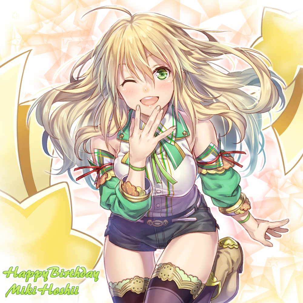 1girl ahoge bare_shoulders black_legwear black_shorts blonde_hair breasts character_name commentary_request green_eyes happy_birthday hoshii_miki idolmaster idolmaster_(classic) idolmaster_million_live! large_breasts long_hair looking_at_viewer nanaran one_eye_closed open_mouth purple_legwear shirt short_shorts shorts smile solo thigh-highs upper_teeth white_shirt