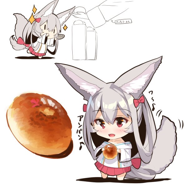 1girl :d animal_ear_fluff animal_ears bangs bare_shoulders blush bread commentary_request eyebrows_visible_through_hair food fox_ears fox_girl fox_tail hair_between_eyes holding holding_food holding_money long_hair long_sleeves money multiple_views off-shoulder_shirt off_shoulder open_mouth original patches pleated_skirt red_eyes red_skirt shirt silver_hair skirt smile sparkle tail translation_request very_long_hair white_background white_shirt wide_sleeves yuuji_(yukimimi) |_|