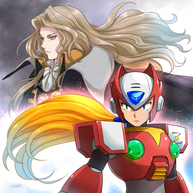 2boys alucard_(castlevania) armor assist_trophy blonde_hair capcom castlevania green_eyes helmet konami long_hair male_focus multiple_boys nintendo okiayu_ryoutarou pauldrons rockman rockman_x seiyuu_connection super_smash_bros. super_smash_bros._ultimate togeshiro_azami zero_(rockman)