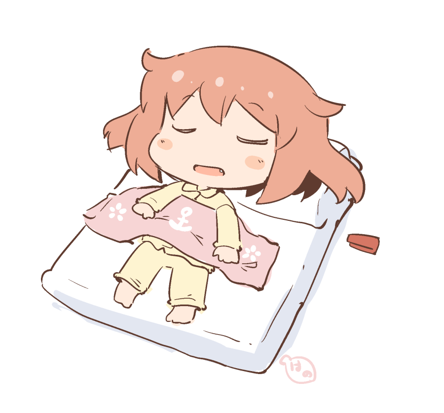 1girl alternate_costume anchor_symbol barefoot blush_stickers brown_hair closed_eyes fang full_body futon hairclip_removed hanomido ikazuchi_(kantai_collection) kantai_collection lying on_back open_mouth pajamas short_hair simple_background sleeping solo white_background