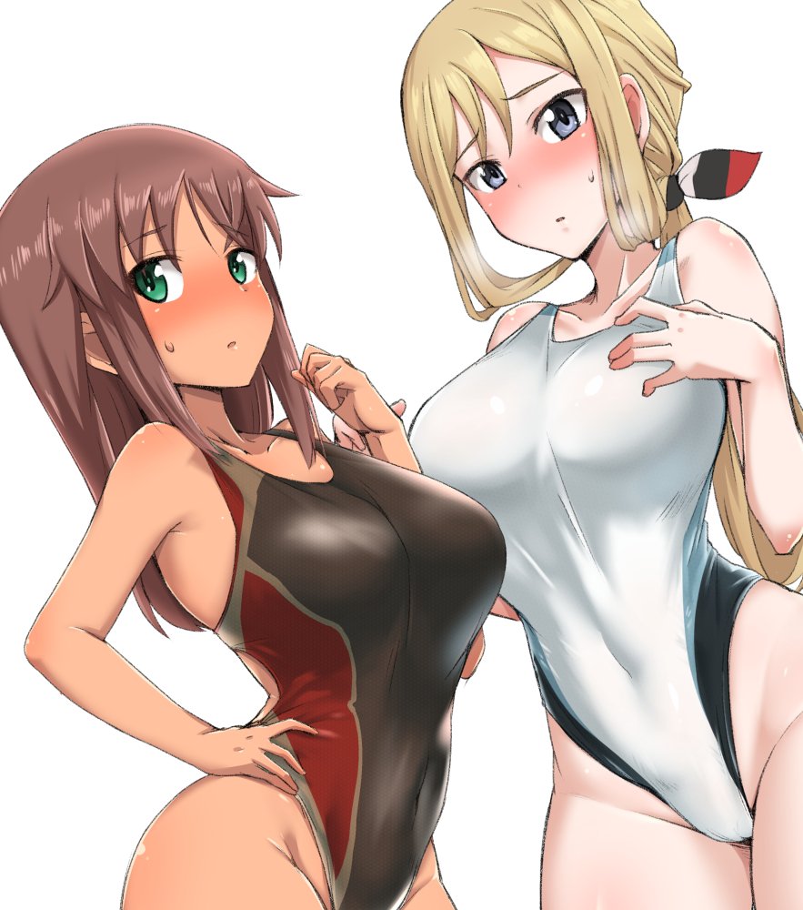 2girls alice_gear_aegis ayuayu_(shouyu_no_sato) black_swimsuit blonde_hair blue_eyes blush breasts brown_hair closed_mouth collarbone commentary_request competition_swimsuit covered_navel cowboy_shot eyebrows_visible_through_hair green_eyes hand_on_hip highleg highleg_swimsuit kaneshiya_sitara large_breasts looking_at_viewer low_ponytail multiple_girls one-piece_swimsuit rita_henschel simple_background standing sweat swimsuit tan white_background