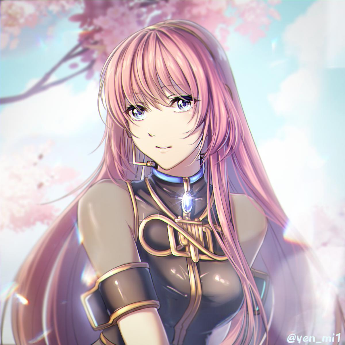 1girl amulet armband blue_eyes blue_sky blurry cherry_blossoms clouds cloudy_sky commentary crop_top depth_of_field gold_trim head_tilt headset highres lens_flare long_hair looking_at_viewer megurine_luka microphone outdoors parted_lips pink_hair see-through sky solo straight_hair twitter_username upper_body very_long_hair vocaloid yen-mi