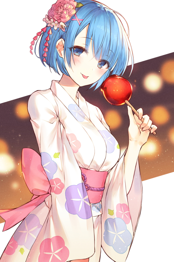 1girl alternate_costume arm_at_side blue_eyes blush breasts candy_apple floral_print flower food hair_flower hair_ornament hand_up holding holding_food japanese_clothes kh_(kh_1128) kimono looking_at_viewer medium_breasts obi outside_border pink_sash print_kimono re:zero_kara_hajimeru_isekai_seikatsu rem_(re:zero) sash short_hair solo tareme tongue white_kimono wide_sleeves x_hair_ornament yukata