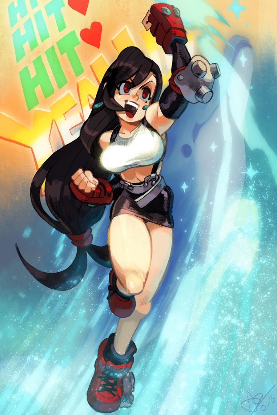 1girl alex_ahad arm_up bare_shoulders black_hair black_skirt breasts clenched_hands dolphin elbow_gloves english_text final_fantasy final_fantasy_vii fingerless_gloves full_body gloves heart highres large_breasts leg_up long_hair low-tied_long_hair midriff miniskirt open_mouth pencil_skirt red_eyes red_footwear shirt shoes skirt smile solo suspender_skirt suspenders tank_top taut_clothes taut_shirt tifa_lockhart very_long_hair