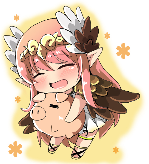 1girl :d animal bangs blush brown_wings chibi circe_(fate/grand_order) closed_eyes commentary_request dress eyebrows_visible_through_hair fate/grand_order fate_(series) feathered_wings full_body hair_between_eyes head_wings headpiece holding holding_animal long_hair open_mouth oshiruko_(uminekotei) pig pink_hair pleated_dress pointy_ears sidelocks smile solo very_long_hair white_dress white_wings wings