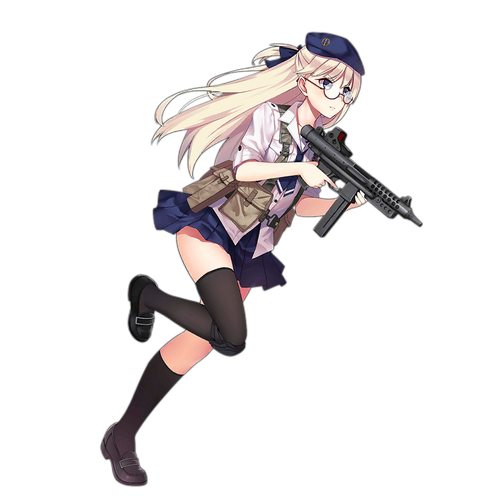 1girl allenes bangs belt black_legwear blonde_hair blue_eyes blue_skirt blush breast_pocket collared_shirt full_body girls_frontline glasses gun hair_ribbon hat holding holding_gun holding_weapon leg_up long_hair official_art pleated_skirt pocket pouch ribbon shirt shoes single_sock single_thighhigh skirt socks solo submachine_gun thigh-highs transparent_background weapon white_shirt z-62_(girls_frontline)