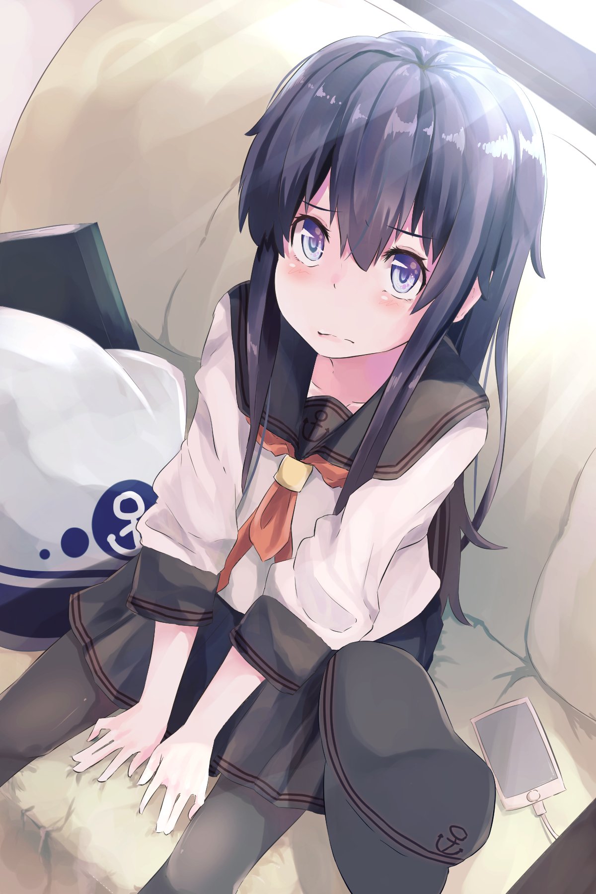 1girl akatsuki_(kantai_collection) anchor_symbol black_legwear black_skirt blush commentary_request couch flat_cap from_above hair_between_eyes hat hat_removed headwear_removed highres kantai_collection long_hair looking_at_viewer neckerchief pantyhose pleated_skirt purple_hair red_neckwear remodel_(kantai_collection) school_uniform serafuku sitting skirt solo taisho_(gumiyuki) violet_eyes