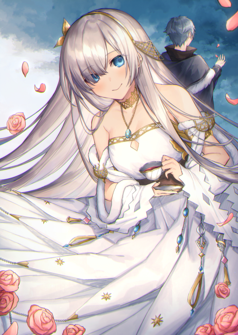 .com_(cu_105) 1boy 1girl anastasia_(fate/grand_order) bangs bare_shoulders black_shirt blue_eyes blue_sky breasts closed_mouth clouds cloudy_sky commentary_request cup day detached_sleeves dress eyebrows_visible_through_hair fate/grand_order fate_(series) flower fur-trimmed_sleeves fur_trim grey_hair grey_jacket hair_over_one_eye halterneck high_collar highres holding holding_cup holding_saucer jacket kadoc_zemlupus long_hair long_sleeves looking_at_viewer outdoors petals pink_flower pink_rose puffy_long_sleeves puffy_sleeves rose saucer shirt silver_hair sky small_breasts smile tea teacup very_long_hair white_dress white_sleeves