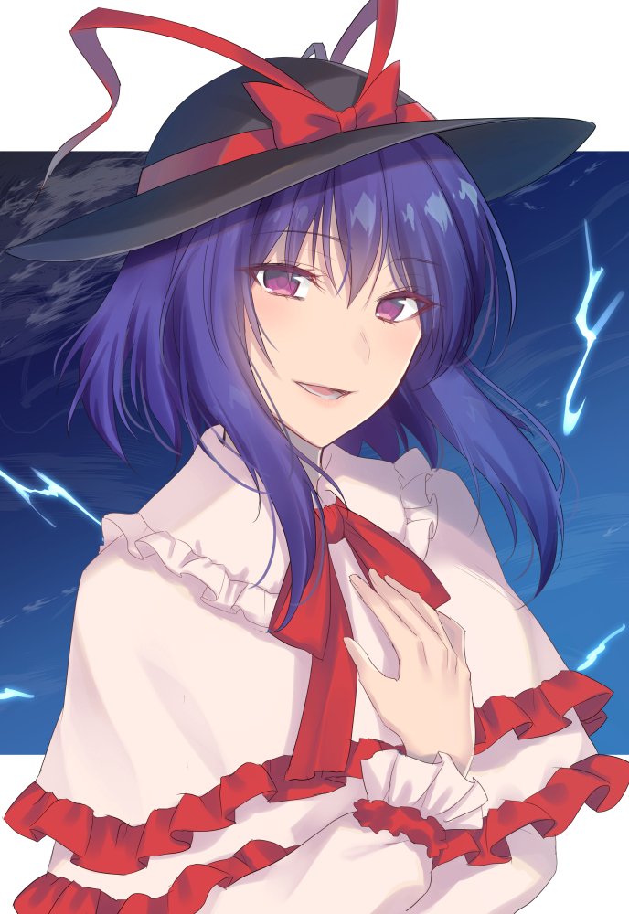 1girl :d asa_(coco) bangs black_headwear blue_hair blue_sky blush bow capelet commentary_request electricity eyebrows_visible_through_hair frilled_capelet frilled_shirt_collar frills hair_between_eyes hand_on_own_chest hat hat_bow long_sleeves looking_at_viewer nagae_iku neck_ribbon open_mouth red_bow red_neckwear red_ribbon ribbon shirt short_hair_with_long_locks sidelocks sky smile solo touhou upper_body violet_eyes white_background white_capelet white_shirt