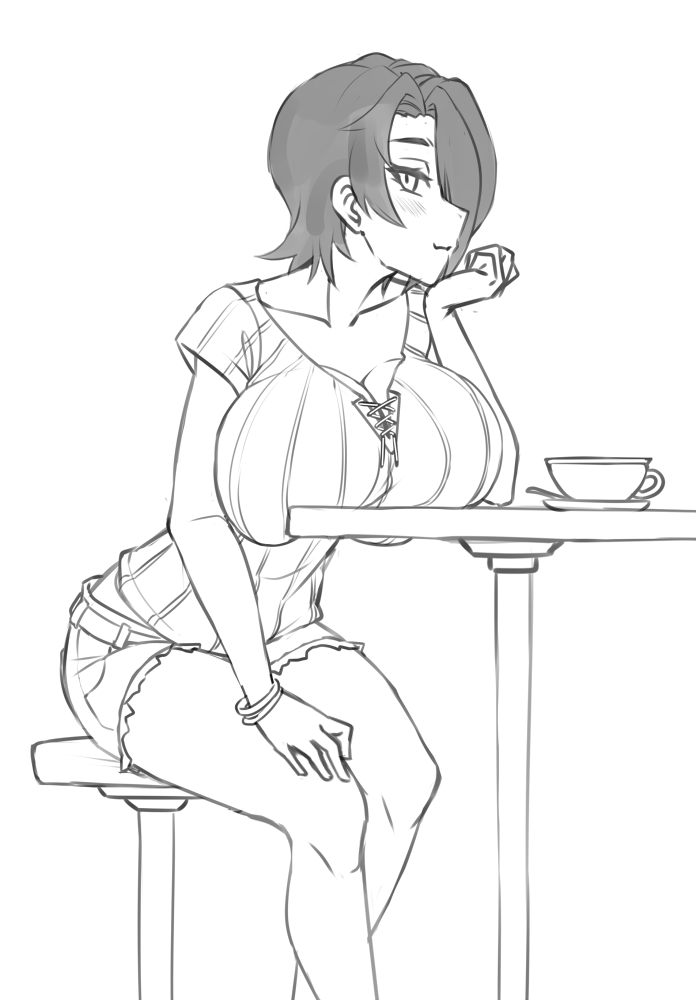 1girl blush bracelet breast_rest breasts casual cleaver collarbone commentary cup cutoffs elbow_rest english_commentary greyscale jewelry large_breasts looking_at_viewer monochrome original profile saya_(twrlare) short_hair short_shorts short_sleeves shorts sitting smile solo stool table teacup twrlare