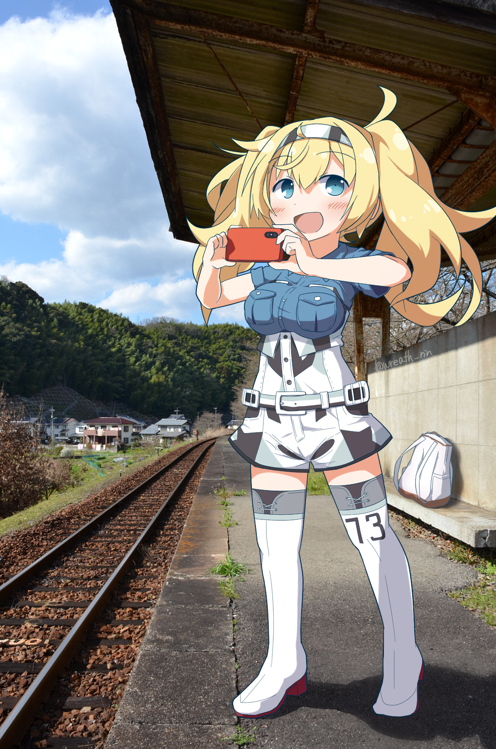 1girl backpack bag blonde_hair blue_eyes blue_shirt blue_sky breast_pocket breasts cellphone cellphone_camera clouds collared_shirt commentary_request day full_body gambier_bay_(kantai_collection) gloves hair_between_eyes hairband highres kantai_collection large_breasts mountain multicolored multicolored_clothes multicolored_shorts number open_mouth outdoors phone photo_background pocket railroad_tracks shirt short_sleeves shorts sky smile solo thigh-highs train_station twintails white_legwear wreath_(a1b2c3d45)