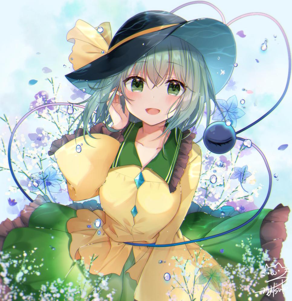 1girl :d bangs black_headwear blue_background blue_flower blush breasts collarbone commentary_request cowboy_shot eyebrows_visible_through_hair flower frilled_shirt_collar frilled_sleeves frills green_eyes green_hair green_skirt hand_in_hair hand_up hat hat_ribbon heart heart_of_string komeiji_koishi long_sleeves looking_at_viewer medium_breasts natsuki_(ukiwakudasai) open_mouth petticoat purple_flower ribbon short_hair signature skirt smile solo third_eye touhou wide_sleeves yellow_ribbon