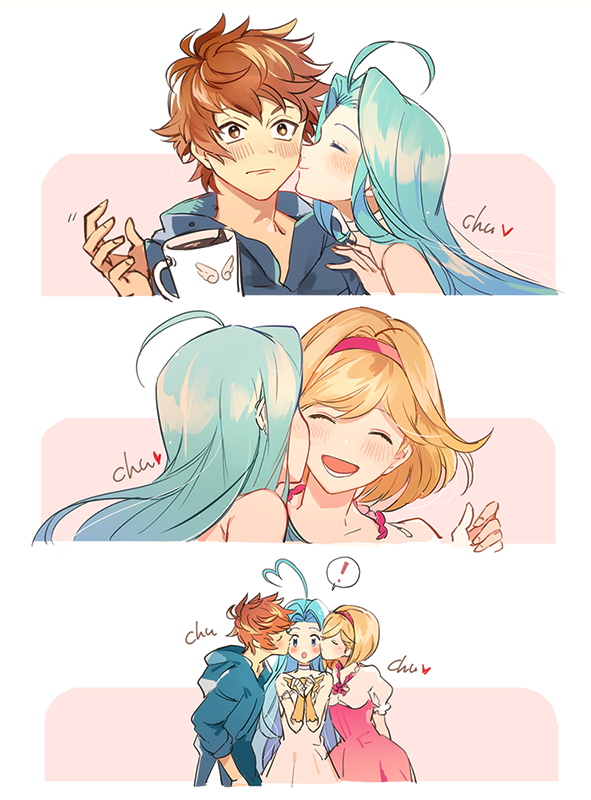 ! 1boy 2girls :d :o ^_^ ahoge aqua_hair blonde_hair blue_eyes blush brown_eyes brown_hair cheek_kiss closed_eyes coffee coffee_mug commentary cunonn cup djeeta_(granblue_fantasy) double_cheek_kiss dress dropping gran_(granblue_fantasy) granblue_fantasy hairband heart_ahoge hetero hood hood_down hoodie kiss kiss_day long_hair lyria_(granblue_fantasy) medium_hair mug multiple_girls open_mouth pink_hairband puffy_short_sleeves puffy_sleeves sandwiched short_sleeves simple_background smile spoken_exclamation_mark yuri