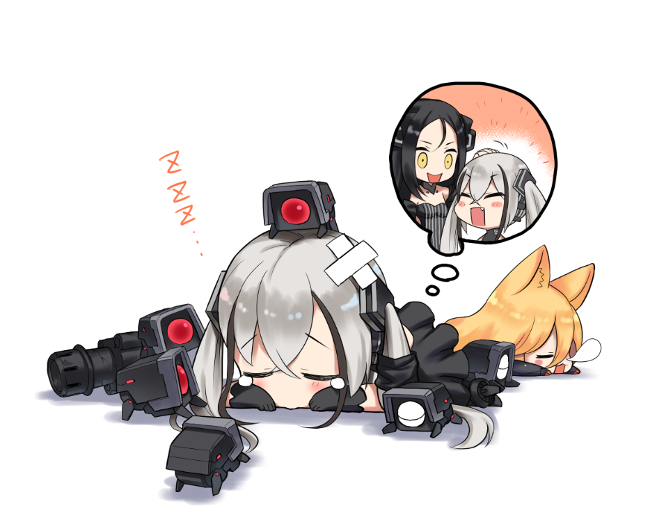 3girls animal_ears black_gloves blonde_hair cat_ears chibi closed_eyes commentary_request destroyer_(girls_frontline) dinergate_(girls_frontline) dreamer_(girls_frontline) g41_(girls_frontline) girls_frontline gloves long_hair lying makishima_azusa multiple_girls nose_bubble on_stomach sangvis_ferri silver_hair simple_background sleeping thought_bubble twintails white_background yellow_eyes zzz