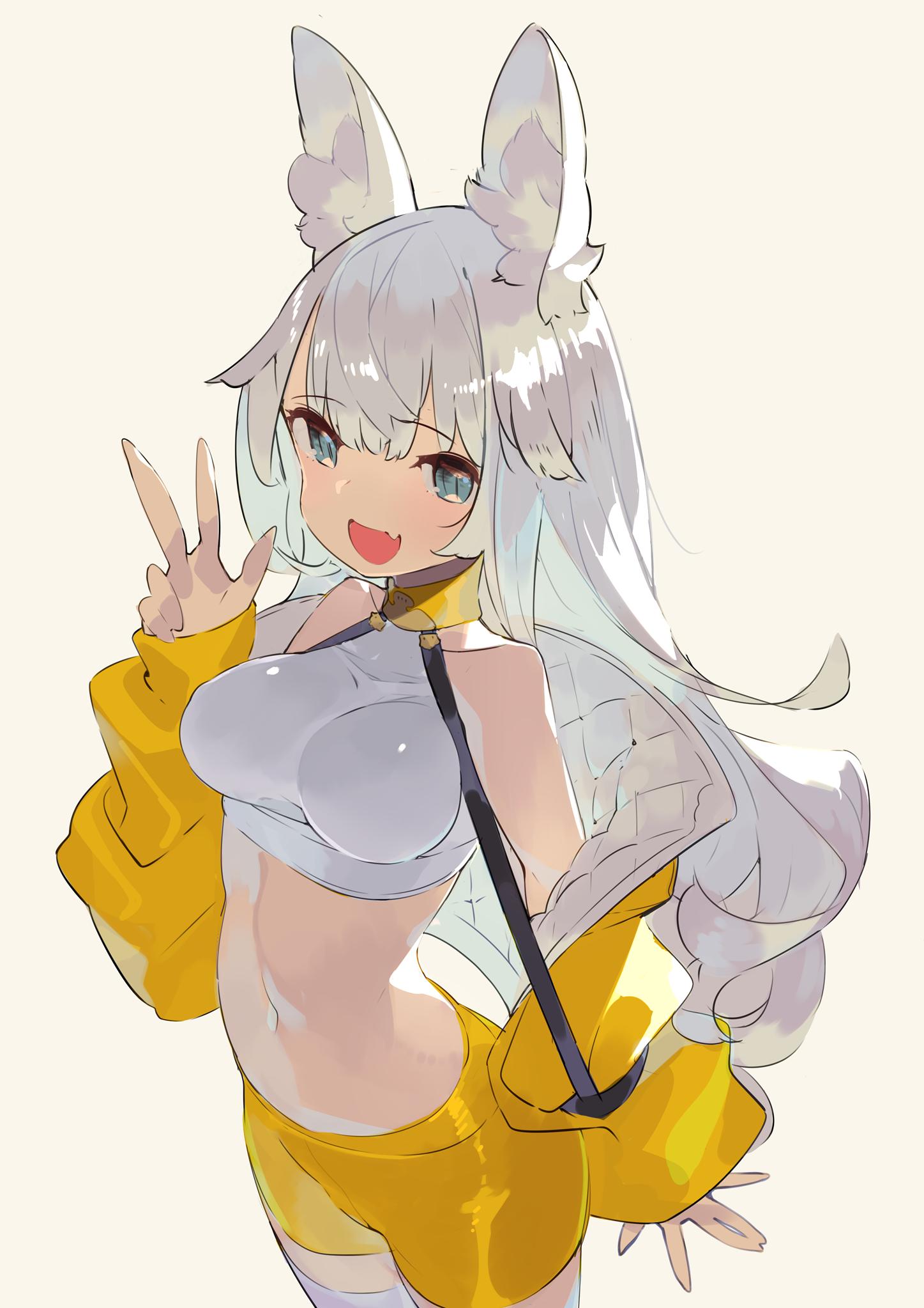 1girl :d animal_ear_fluff animal_ears backlighting bare_shoulders blue_eyes breasts collarbone cowboy_shot crop_top fang fox_ears hajime_(hajime-ill-1st) hand_up highres jacket large_breasts long_hair long_sleeves looking_at_viewer midriff navel off_shoulder open_clothes open_jacket open_mouth original shirt short_shorts shorts silver_hair sleeveless sleeveless_shirt smile solo standing stomach thigh-highs very_long_hair w white_legwear white_shirt yellow_jacket yellow_shorts