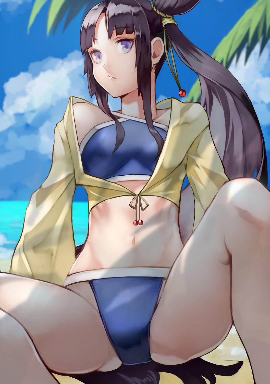 1girl 55level arm_support bangs beach bikini black_hair blue_bikini blunt_bangs breasts closed_mouth clouds cloudy_sky collarbone day fate/grand_order fate_(series) hair_bun highres jacket long_hair long_sleeves looking_at_viewer looking_to_the_side medium_breasts navel ocean outdoors palm_tree parted_bangs pouty_lips side_ponytail sidelocks sitting sky solo spread_legs swimsuit thighs tree ushiwakamaru_(fate/grand_order) ushiwakamaru_(swimsuit_assassin)_(fate) very_long_hair violet_eyes wide_sleeves yellow_jacket