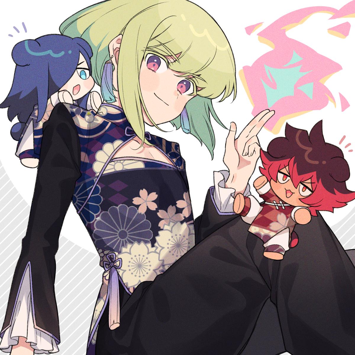 blue_hair chibi chinese_clothes cleavage_cutout earrings fire frilled_sleeves frills green_hair gueira hair_over_one_eye highres jewelry karokuchitose lio_fotia long_sleeves mad_burnish male_focus meis_(promare) pants promare redhead sitting smile violet_eyes