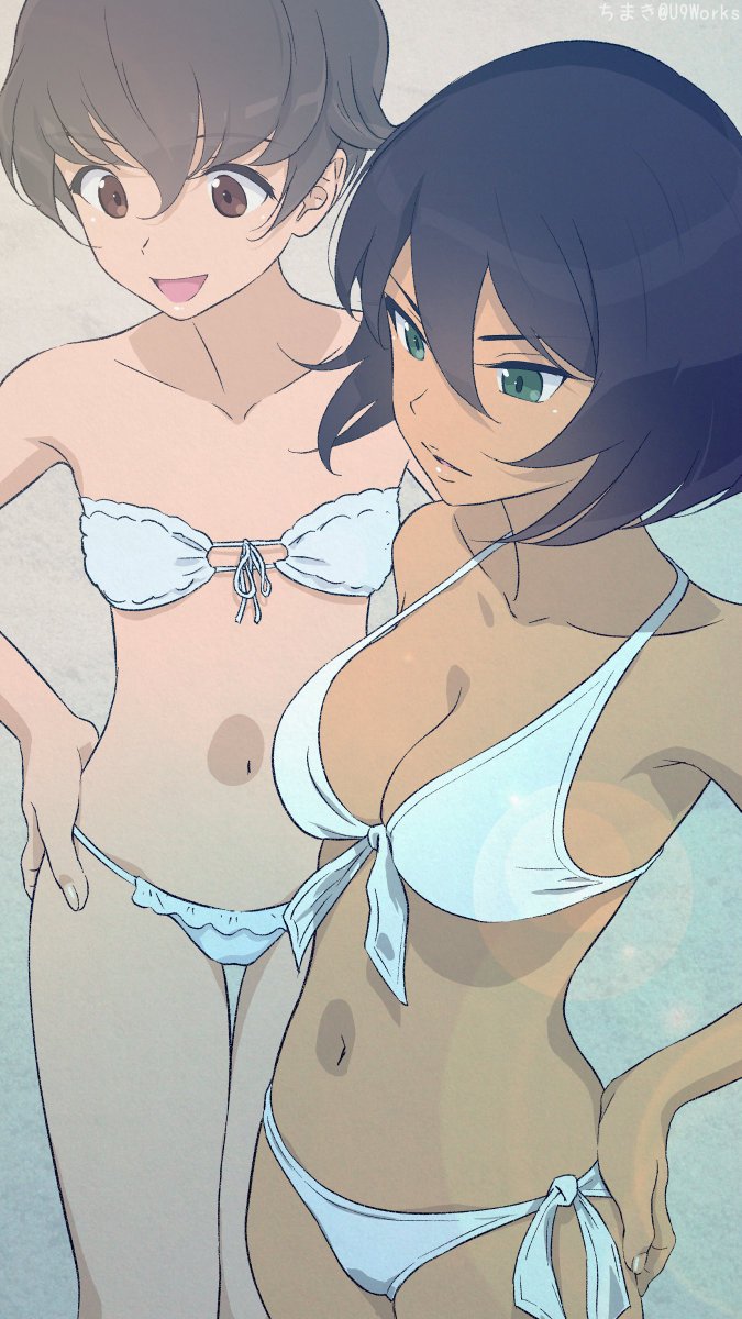 2girls akagi_(fmttps) bikini black_hair breasts brown_eyes brown_hair commentary_request front-tie_bikini front-tie_top girls_und_panzer green_eyes grey_background hair_between_eyes hands_on_hips highres hoshino_(girls_und_panzer) medium_breasts multiple_girls nakajima_(girls_und_panzer) navel open_mouth short_hair small_breasts smile strap_gap swimsuit tan thigh_gap white_bikini