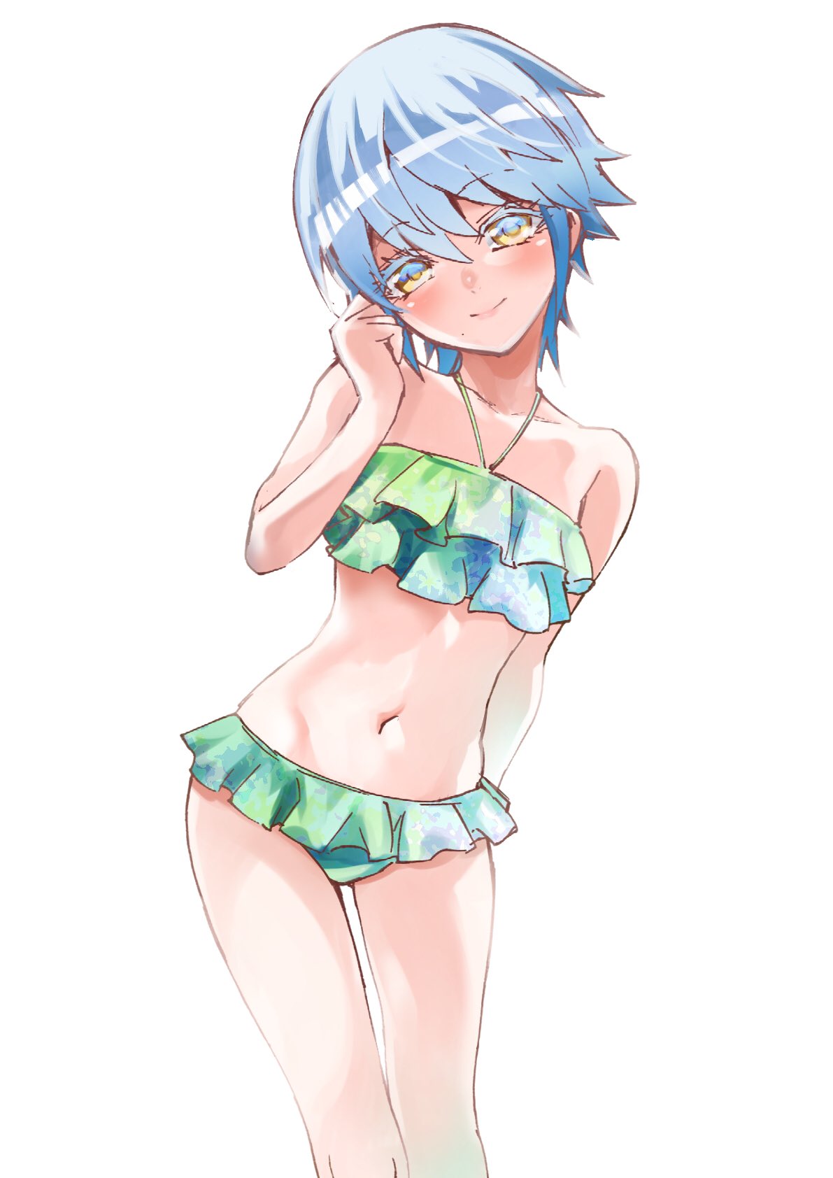 1girl aqua_hair bare_shoulders bikini blue_hair blush character_request collarbone copyright_request flat_chest frilled_bikini frills groin hand_on_own_cheek hand_on_own_face highres looking_at_viewer mole mole_under_mouth navel petite short_hair simple_background smile solo sukeno_yoshiaki swimsuit white_background yellow_eyes