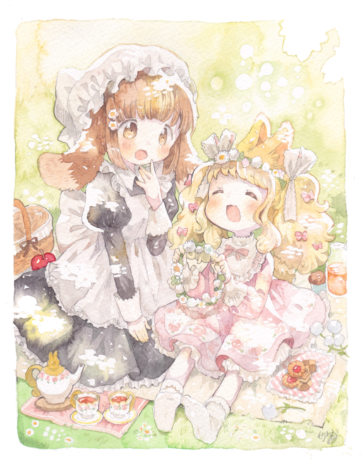 2girls \||/ ^_^ animal_ears apple apron bangs black_dress blonde_hair blush bobby_socks bottle bow brown_eyes brown_hair checkerboard_cookie closed_eyes commentary_request cookie cup cupcake day dress flower food frills fruit hair_bow hair_ribbon hand_to_own_mouth hat head_wreath juliet_sleeves long_hair long_sleeves looking_at_another maid maid_apron mob_cap mokarooru multiple_girls neck_ribbon original outdoors picnic picnic_basket pink_bow pink_dress pink_neckwear puffy_sleeves rabbit_ears ribbon short_hair signature sitting socks teacup teapot traditional_media twintails watercolor_(medium) white_apron white_flower white_legwear white_ribbon