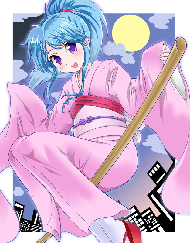 1girl :d blue_hair blush botan_(yuu_yuu_hakusho) breasts commentary_request flying japanese_clothes kimono long_hair looking_at_viewer ninjatasuku object_riding open_mouth ponytail smile solo violet_eyes yuu_yuu_hakusho