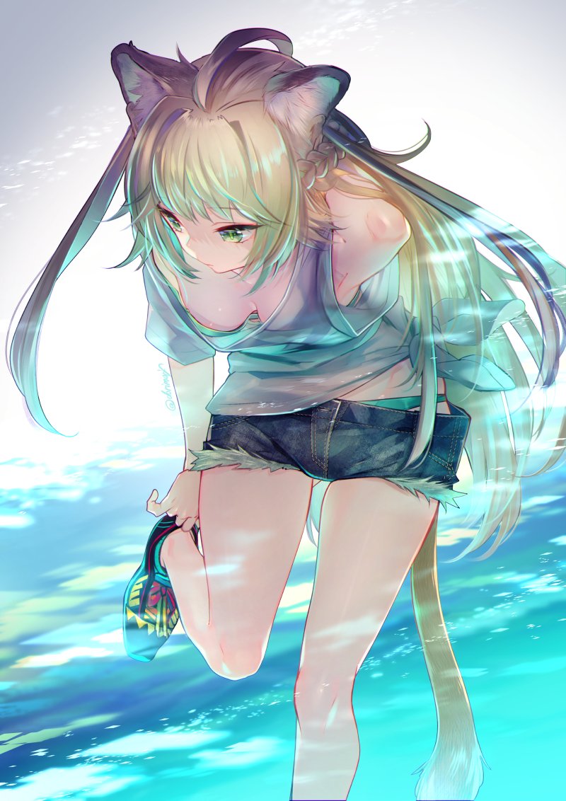 1girl adjusting_clothes adjusting_shoe ahoge animal_ear_fluff animal_ears aqua_bikini aqua_blouse arm_up armpits ass_visible_through_thighs atalanta_(fate) bangs bikini blonde_hair braid breasts breasts_apart cat_ears cat_tail caustics commentary_request cropped_legs denim denim_shorts downblouse eyebrows_visible_through_hair fate/apocrypha fate_(series) green_eyes green_hair hair_between_eyes hand_in_hair hanging_breasts leaning_forward leg_up long_hair looking_away medium_breasts miyuki_ruria multicolored_hair outdoors see-through shaded_face shirt shoes short_shorts shorts skindentation slit_pupils sneakers solo standing standing_on_one_leg swimsuit swimsuit_under_clothes tail tied_shirt two-tone_hair very_long_hair