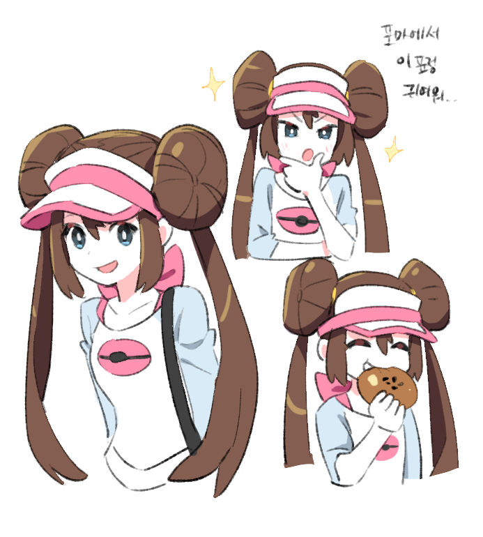 1girl blue_eyes bow brown_hair chin_stroking commentary_request double_bun eating food holding holding_food korean_commentary korean_text long_hair multiple_views open_mouth pink_bow pokemon pokemon_(game) pokemon_bw2 pokemon_masters_ex raglan_sleeves rnehrdyd1212 rosa_(pokemon) smile sparkle tongue translation_request twintails visor_cap