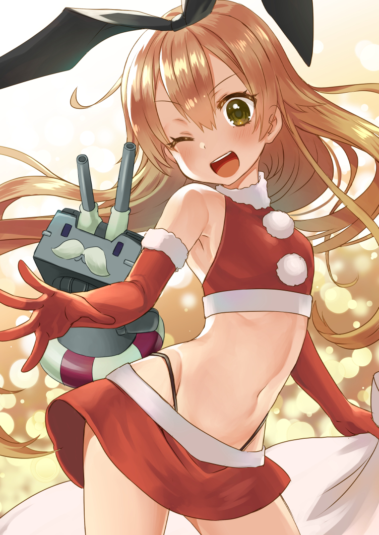 1girl black_panties blonde_hair brown_eyes christmas commentary cowboy_shot elbow_gloves fake_facial_hair fake_mustache flat_chest fur_collar fur_trim gloves hairband halter_top halterneck highleg highleg_panties kantai_collection lifebuoy long_hair midriff miniskirt one_eye_closed open_mouth panties pom_pom_(clothes) red_gloves red_skirt rensouhou-chan sack santa_costume shimakaze_(kantai_collection) skirt smile solo underwear upper_teeth yumi_yumi