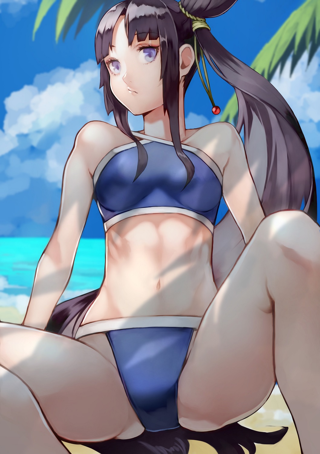 1girl 55level arm_support bangs bare_arms bare_legs beach bikini black_hair blue_bikini blunt_bangs breasts closed_mouth clouds cloudy_sky collarbone day fate/grand_order fate_(series) hair_bun highres long_hair looking_at_viewer looking_to_the_side medium_breasts navel ocean outdoors palm_tree parted_bangs pouty_lips side_ponytail sidelocks sitting sky solo spread_legs swimsuit thighs tree ushiwakamaru_(fate/grand_order) ushiwakamaru_(swimsuit_assassin)_(fate) very_long_hair violet_eyes