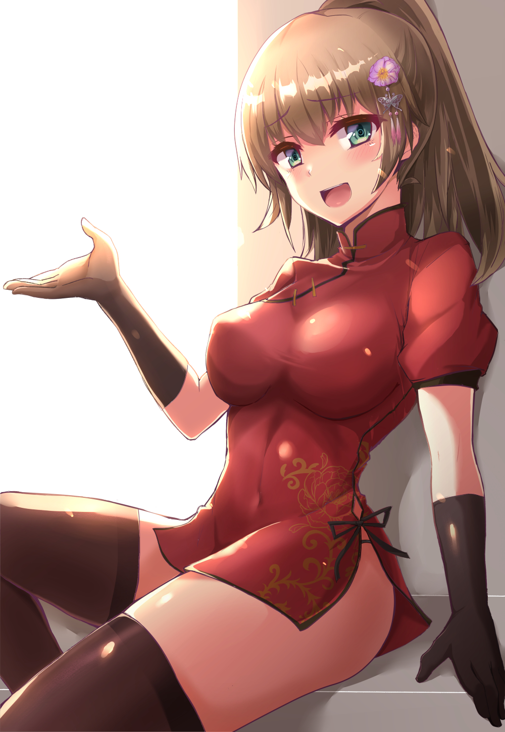 1girl bangs black_gloves black_ribbon blue_eyes blush breasts brown_hair china_dress chinese_clothes commentary_request dress eyebrows_visible_through_hair flower gloves hair_between_eyes hair_flower hair_ornament highres kantai_collection kihou_no_gotoku_dmc kumano_(kantai_collection) large_breasts long_hair looking_at_viewer navel open_mouth ponytail red_dress ribbon short_dress short_sleeves simple_background solo thigh-highs white_background