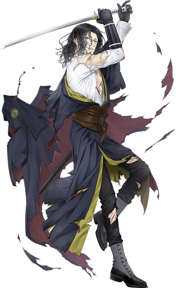 1boy armor belt black_gloves black_hair blood full_body glasses gloves grey_eyes ichi-be injury japanese_armor japanese_clothes katana kimono kote male_focus nankaitarou_chouson official_art pants shirt smile sword torn_clothes torn_pants torn_shirt touken_ranbu transparent_background weapon