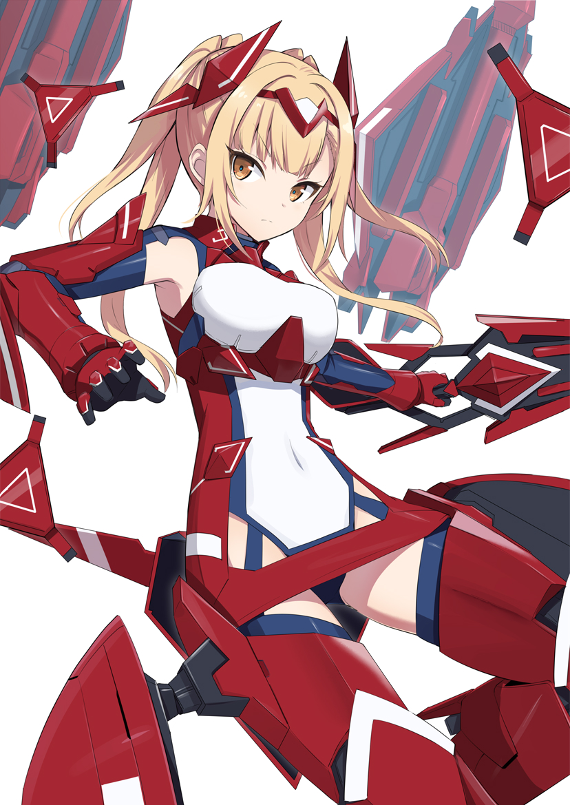 1girl alice_gear_aegis armored_boots bangs blonde_hair blue_legwear boots breasts brown_eyes character_request commentary_request covered_navel elbow_gloves eyebrows_visible_through_hair gloves gochou_(atemonai_heya) headgear holding large_breasts leotard long_hair looking_at_viewer mecha_musume red_gloves simple_background solo thigh-highs twintails v-shaped_eyebrows white_background white_leotard