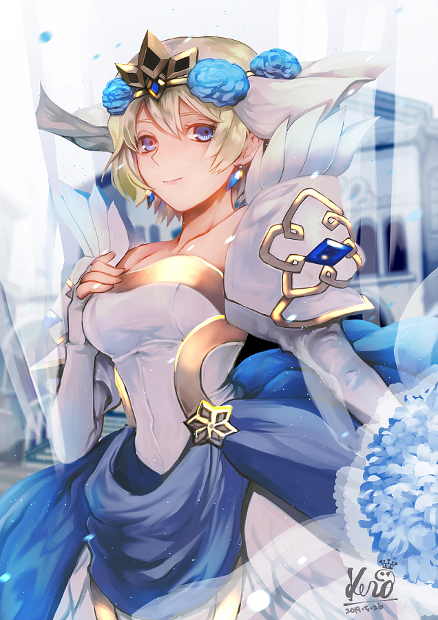 1girl bare_shoulders blonde_hair blue_eyes blue_flower blue_hair breasts bridal_veil commentary_request crown dated detached_sleeves dress earrings feather_trim fire_emblem fire_emblem_heroes fjorm_(fire_emblem_heroes) flower gradient_hair hair_flower hair_ornament jewelry kero_sweet looking_at_viewer medium_breasts multicolored_hair short_hair signature smile solo strapless strapless_dress veil wedding_dress white_dress wind