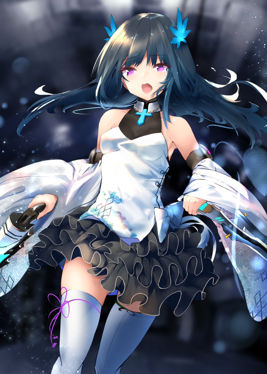 1girl bangs bare_shoulders black_hair black_skirt blurry blurry_background breasts character_request china_dress chinese_clothes commentary_request depth_of_field detached_sleeves dress eyebrows_visible_through_hair glowing gun hair_ornament highres holding holding_gun holding_weapon latin_cross layered_skirt leaf_hair_ornament long_hair long_sleeves odeclea open_mouth pleated_skirt skirt sleeveless sleeveless_dress sleeves_past_wrists small_breasts solo thigh-highs violet_eyes weapon white_dress white_legwear white_sleeves witch's_weapon
