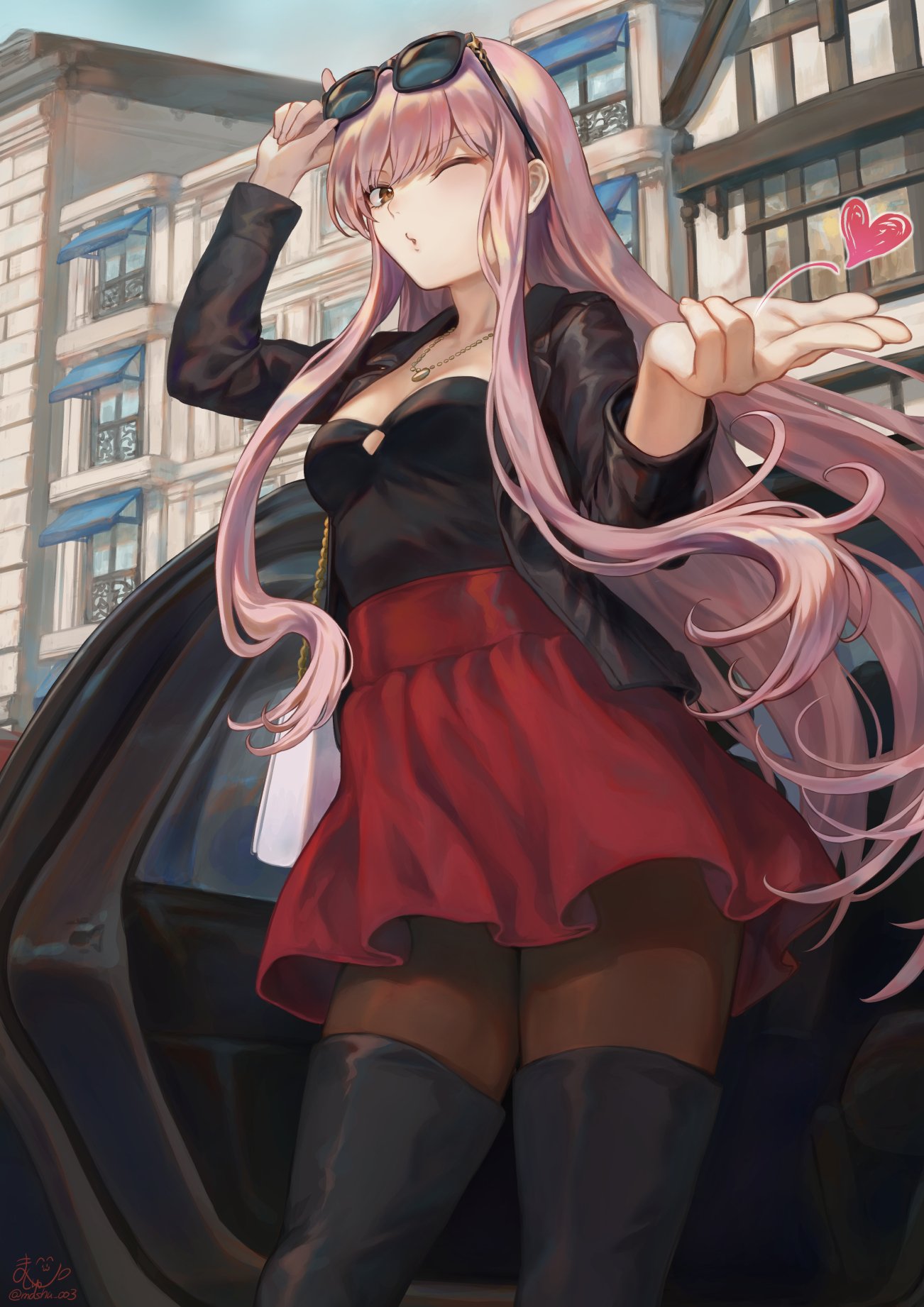 1girl adjusting_eyewear black_footwear black_jacket black_tubetop blown_kiss blue_sky blush boots braid breasts brown_legwear car city commentary_request cowboy_shot day fate/grand_order fate_(series) ground_vehicle heart high-waist_skirt highres jacket jewelry long_hair looking_at_viewer mashu_003 medb_(fate)_(all) medb_(fate/grand_order) medium_breasts motor_vehicle necklace one_eye_closed outdoors pantyhose pink_hair puckered_lips red_eyes red_skirt sidelocks signature skirt sky small_breasts solo strapless sunglasses thigh-highs thigh_boots tubetop twitter_username