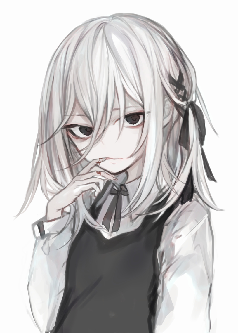 1girl bangs black_bow black_dress black_eyes blood bloody_hands bow collared_shirt commentary_request dress eyebrows_behind_hair finger_to_mouth fingernails grey_background grey_ribbon hair_between_eyes hair_bow hand_up hasunokaeru long_hair looking_at_viewer neck_ribbon original parted_lips ribbon shirt simple_background sleeveless sleeveless_dress solo white_hair white_shirt