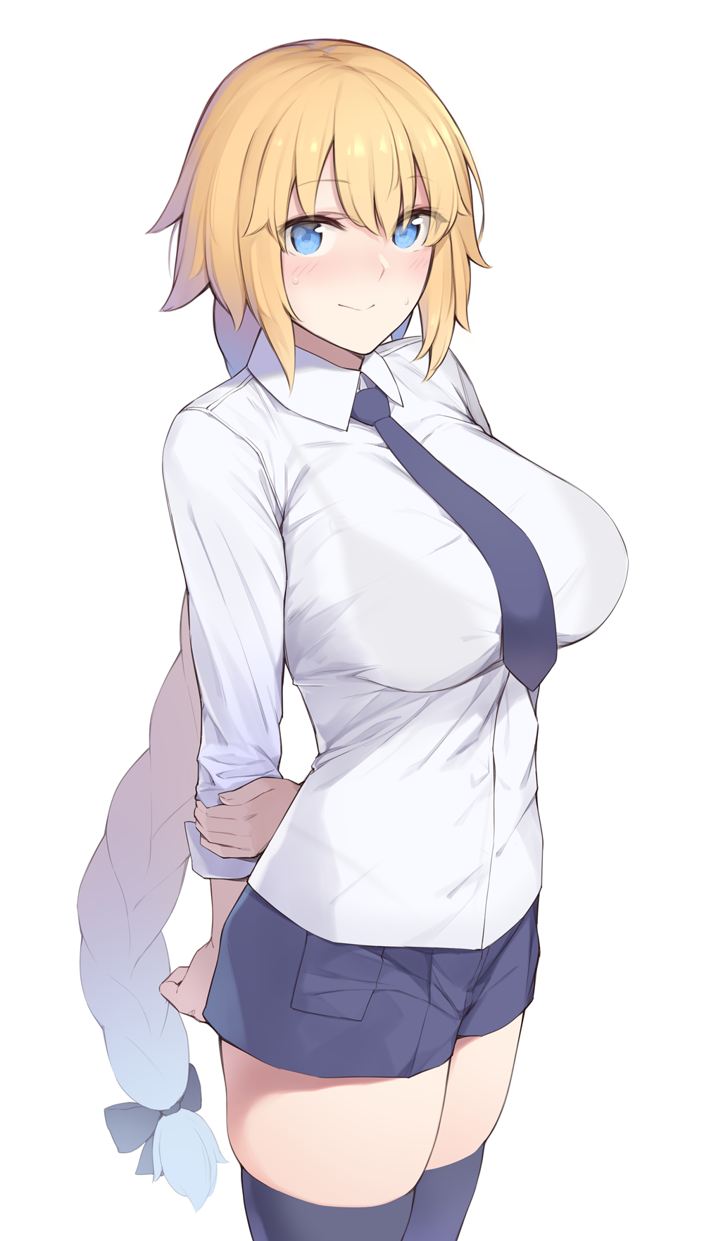 1girl bangs blonde_hair blue_eyes blush bra_through_clothes braid breasts closed_mouth collared_shirt commentary_request dress_shirt enosan fate/apocrypha fate_(series) hair_between_eyes highres jeanne_d'arc_(fate) jeanne_d'arc_(fate)_(all) large_breasts long_braid long_hair long_sleeves looking_at_viewer necktie pleated_skirt shirt simple_background single_braid skirt smile solo thigh-highs thighs very_long_hair white_background white_shirt