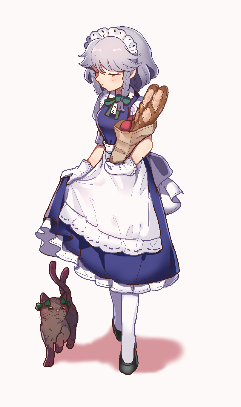 1girl apron bag baguette bangs black_cat black_footwear blue_dress bow braid bread breasts cat closed_eyes commentary_request dress food full_body gloves green_bow green_neckwear green_ribbon grey_background groceries grocery_bag hair_bow highres holding holding_bag izayoi_sakuya kaenbyou_rin kaenbyou_rin_(cat) maid maid_apron maid_headdress medium_breasts neck_ribbon nekomata pantyhose paper_bag petticoat red_eyes ribbon satomachi shadow shirt shoes shopping_bag short_hair silver_hair simple_background skirt_hold standing sweet_potato touhou twin_braids waist_apron white_apron white_gloves white_legwear white_shirt