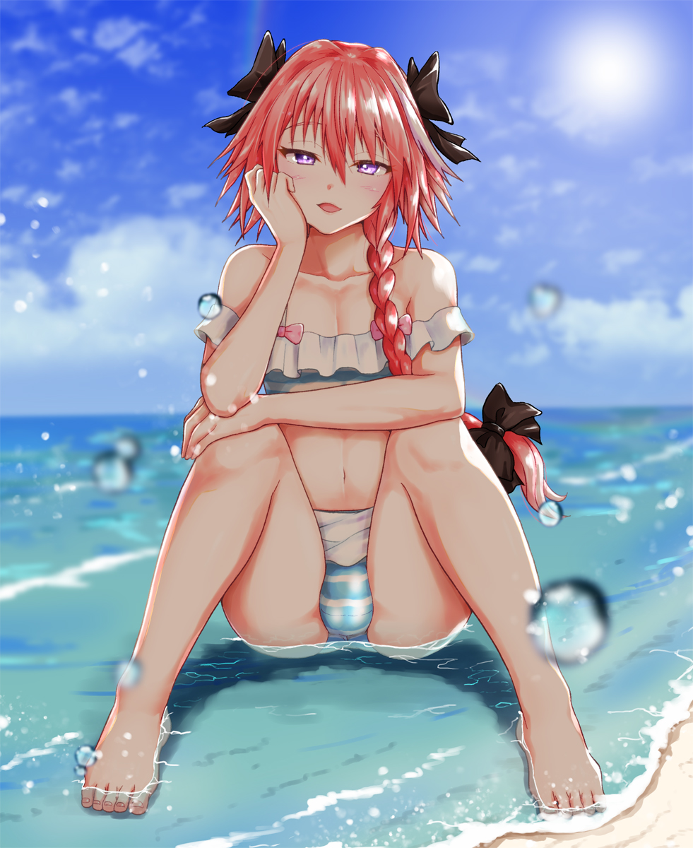 1boy astolfo_(fate) bikini black_bow blush bow braid bulge clouds commentary_request fate/apocrypha fate/extella fate/extella_link fate/extra fate/grand_order fate_(series) frilled_bikini frills hair_between_eyes hair_bow hair_intakes highres jewelry long_braid long_hair looking_at_viewer male_focus multicolored_hair navel ocean open_mouth otoko_no_ko pink_hair single_braid sitting sky smile solo streaked_hair sun swimsuit violet_eyes water white_hair