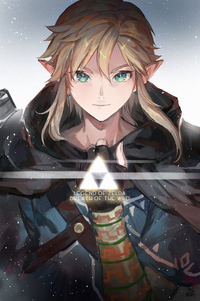 1boy azutarou black_gloves blue_eyes cloak commentary_request copyright_name earrings fingerless_gloves gloves glowing hood hood_down hooded_cloak jewelry link looking_at_viewer male_focus pointy_ears portrait signature solo the_legend_of_zelda the_legend_of_zelda:_breath_of_the_wild triforce weapon weapon_on_back